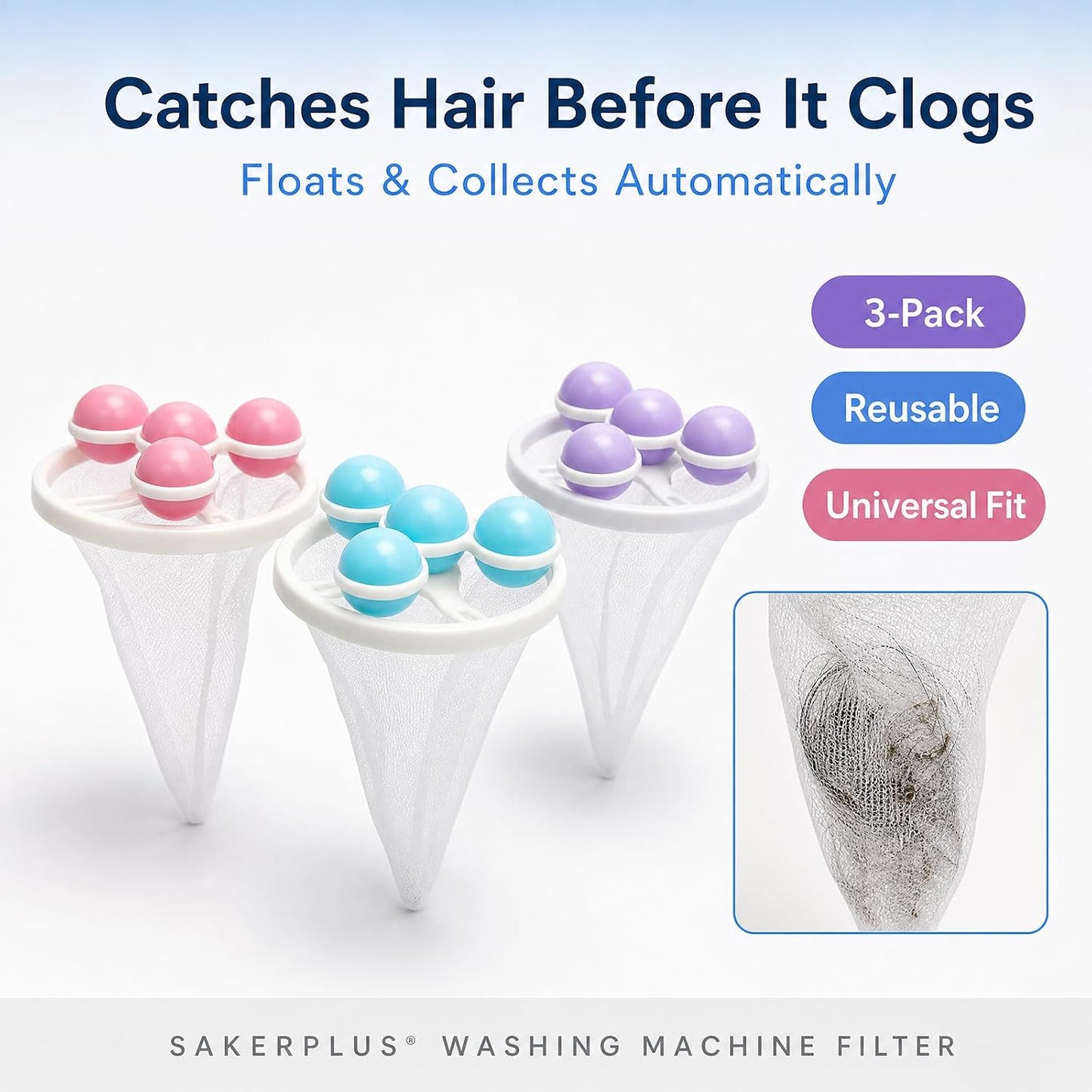 3PCS Washing Machine Hair Filter Mesh Bags, Reusable Floating Mesh Laundry Filter Bags, Washing Machine Lint Catcher for Laundry