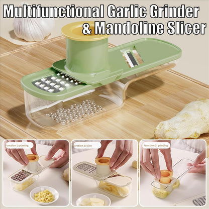 Garlic Slicer Super Thin, Garlic Slicer and Grater, 2026 Mini Multifunctional Garlic Grinder & Mandoline Slicer, Multi-Functional Veggie Shredder Ginger Vegetable Cutter with Container (Green*1 Pc)