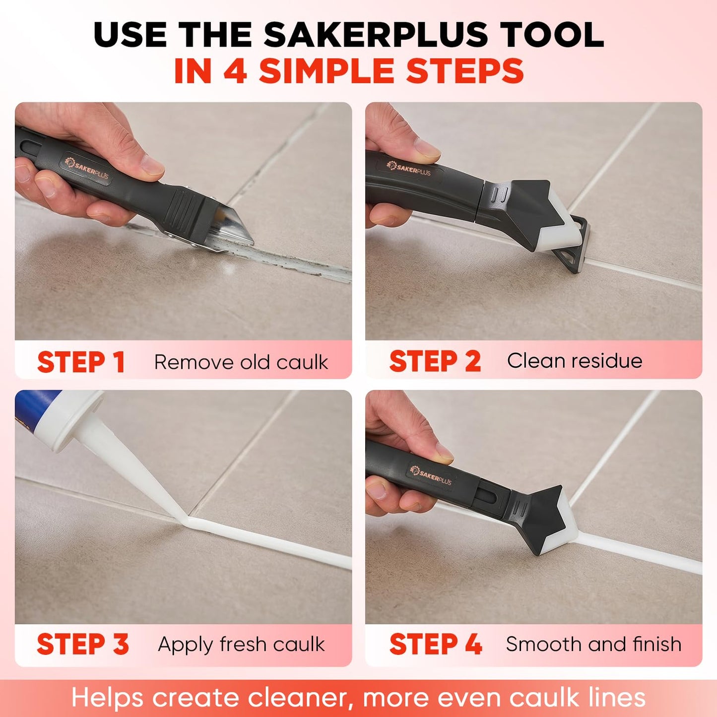 Sakerplus 3-in-1 Silicone Caulking Tools,Caulk Remover Tool and Caulk Finishing Tool Kit with Silicone Smoother,Nozzle Needle for Kitchen Bathroom Window Sink (Classic Black)