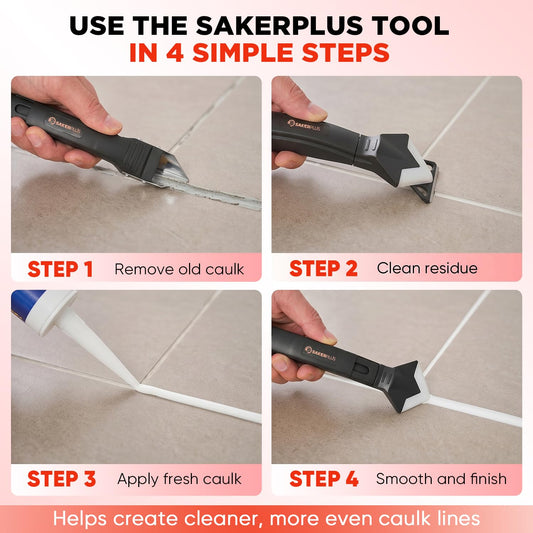 Sakerplus 3-in-1 Silicone Caulking Tools,Caulk Remover Tool and Caulk Finishing Tool Kit with Silicone Smoother,Nozzle Needle for Kitchen Bathroom Window Sink (Classic Black)