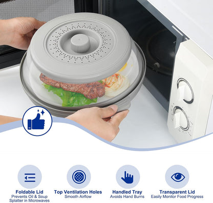 Microwave Splatter Cover for Food with Handle &Heat-Resistant Mat, 10.7" Collapsible Microwave Plate Cover - BPA Free, Dishwasher Safe Food Lid, Multi-Use Colander & Steamer for Meal Prep （Black）