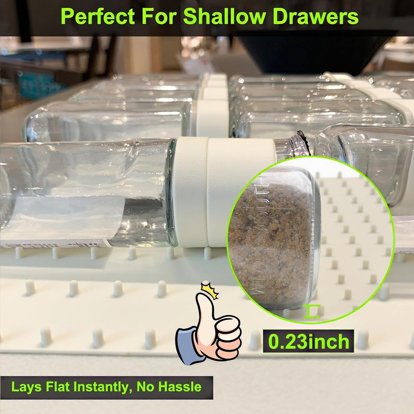 Spice Drawer Organizer Insert - Silicone Spice Drawer Liner Pearl | Adjustable non-slip liner organizer; in-drawer spice rack for seasoning jars, spice bottles, flat kitchen drawer organizer
