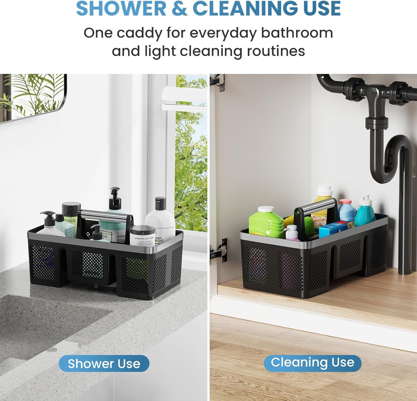 BYUNER Portable Cleaning & Shower Caddy with Handle: Rigid Plastic Basket with 4 Divided Compartments, All-Side Drainage for College Dorm, Bathroom & Utility Use, Black/Gold