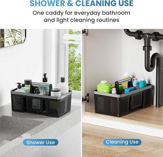 BYUNER Portable Cleaning & Shower Caddy with Handle: Rigid Plastic Basket with 4 Divided Compartments, All-Side Drainage for College Dorm, Bathroom & Utility Use, Black/Gold