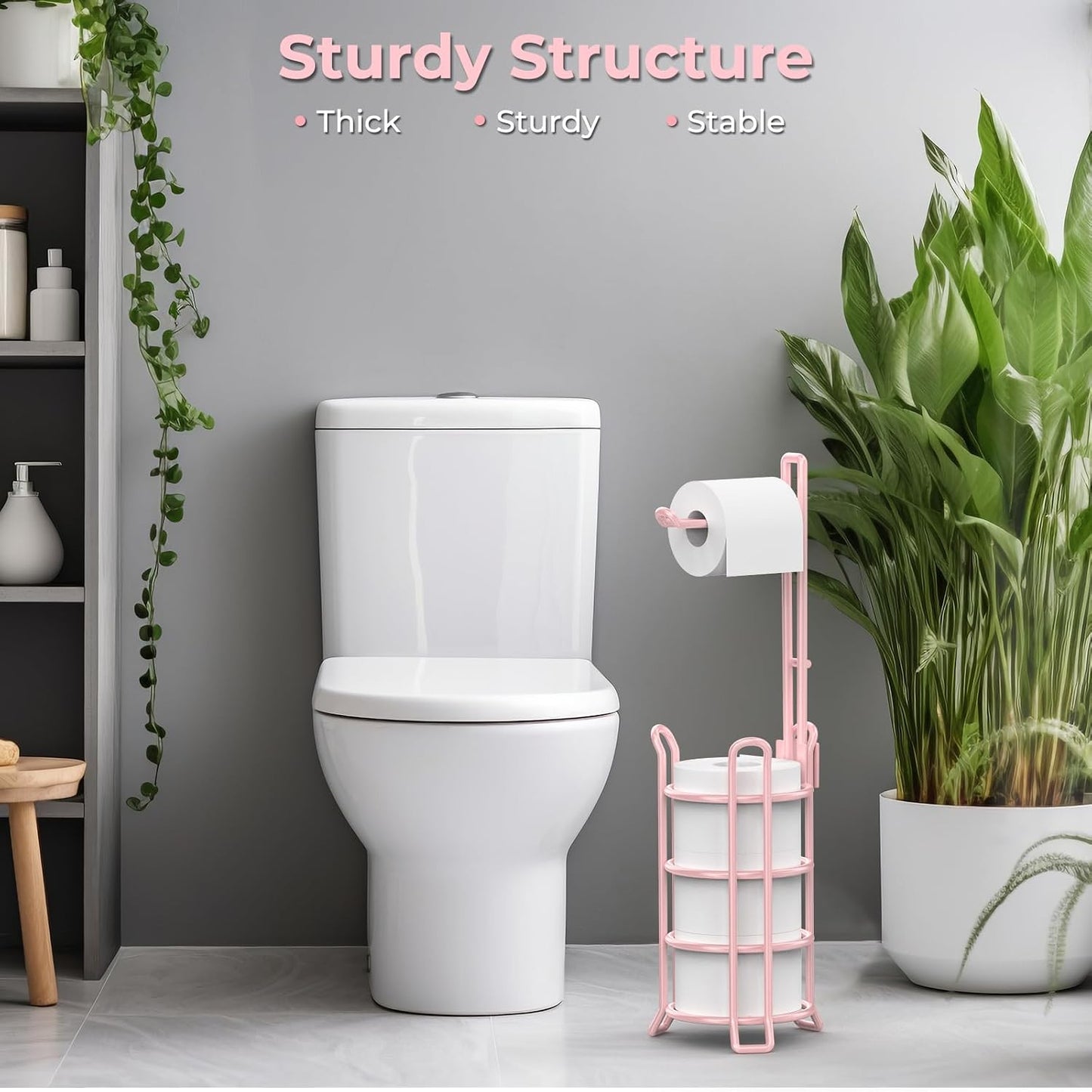 TomCare Toilet Paper Holder Free Standing with Shelf, Stable 4 Raised Feet | Stores 4 Mega Rolls, Tool-Free Assembly, Powder-Coated Metal Frame, Bathroom Storage Organizer for Spare Rolls, Silver