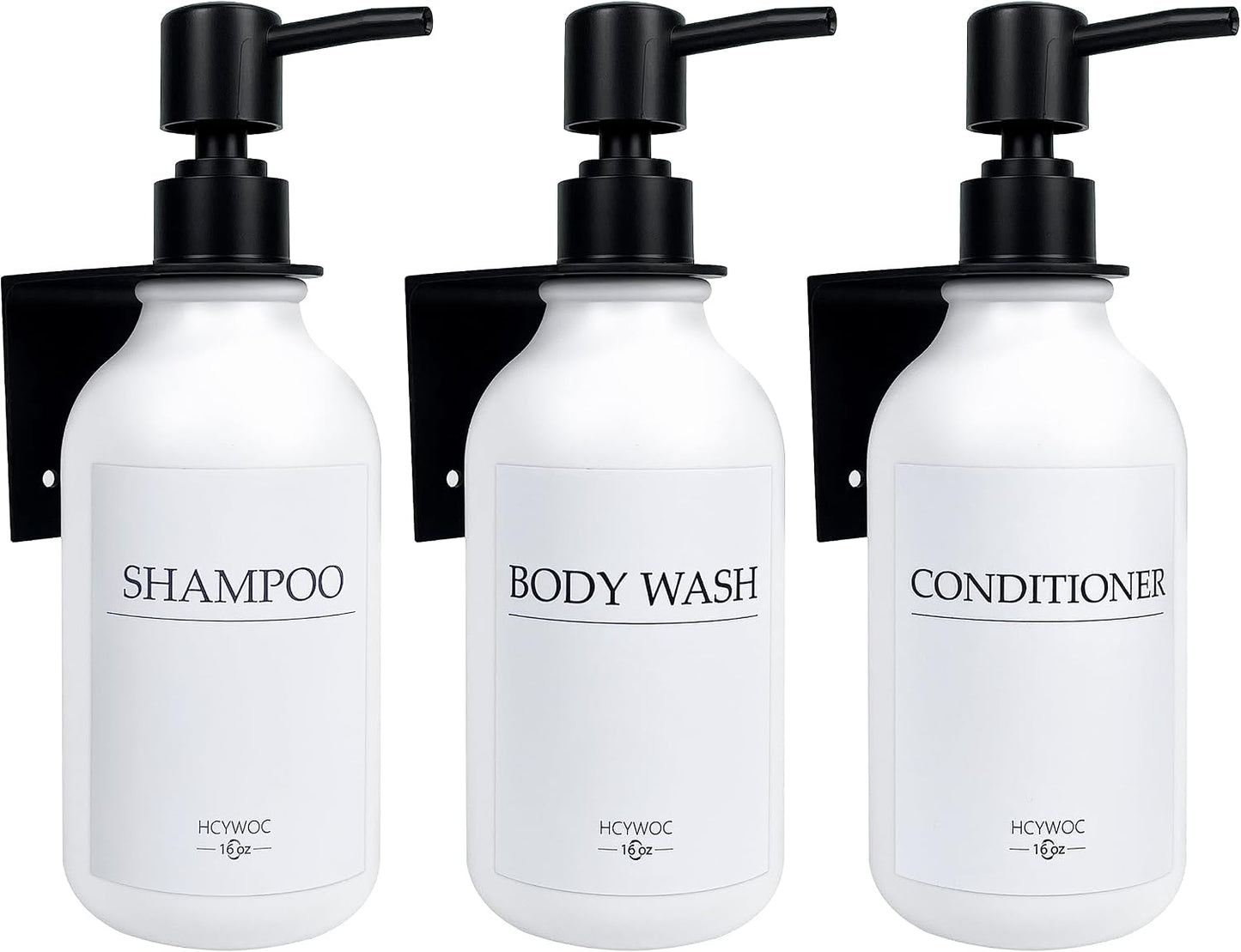 3 Pack Wall Mount Shower Dispenser, No Drill, 16 Waterproof Labels | Shampoo Dispenser for Shower Wall, Shampoo and Conditioner Dispenser, Bathroom, 17oz, Gold Amber