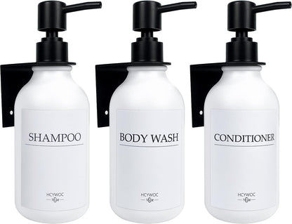 3 Pack Wall Mount Shower Dispenser, No Drill, 16 Waterproof Labels | Shampoo Dispenser for Shower Wall, Shampoo and Conditioner Dispenser, Bathroom, 17oz, Gold Amber