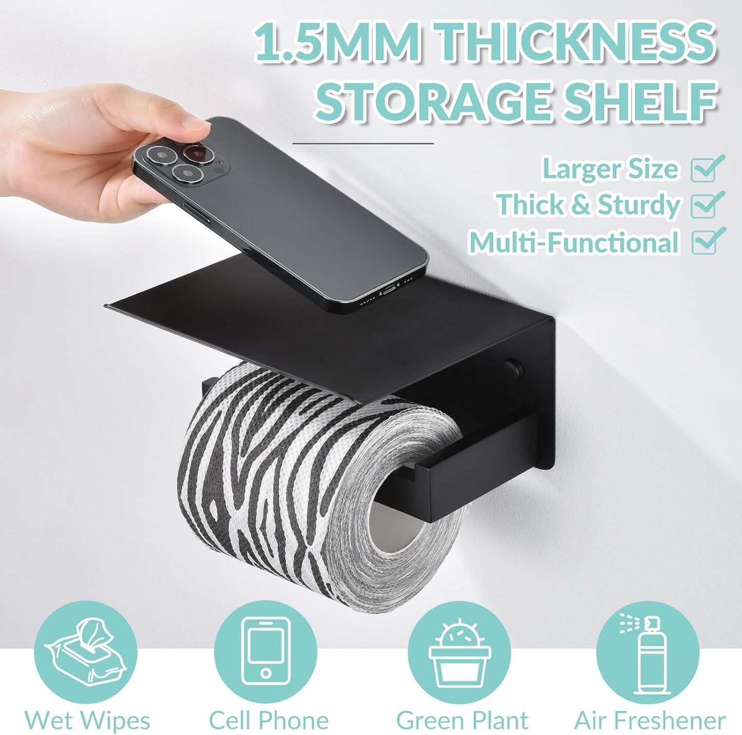 APLusee Toilet Paper Holder with Shelf for Wall, Left Side, Brushed Nickel | Robust 304 Stainless Steel, Drilling Wall Mounted, Fits for Bathroom, Restroom, Vanity, Kitchen, Paper Roll & Phone Storage
