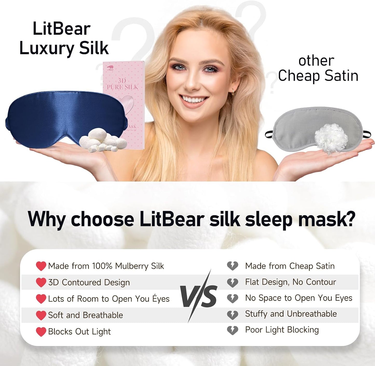 LitBear 100% 22 Momme Mulberry Silk Sleep Mask - 3D Contoured Eye Mask for Men & Women, Soft Breathable Sleeping Mask with Adjustable Strap, Perfect Blocks Light for Sleeping (Black)