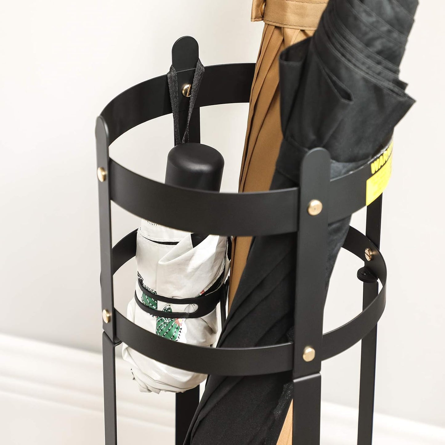 SONGMICS Umbrella Stand, Steel Round Umbrella Holder Rack, 7.7 x 7.7 x 21.7 Inches, with Detachable Drip Tray, for Entryway, Office, Stable, Assembly Required, Matte Black ULUC28BK