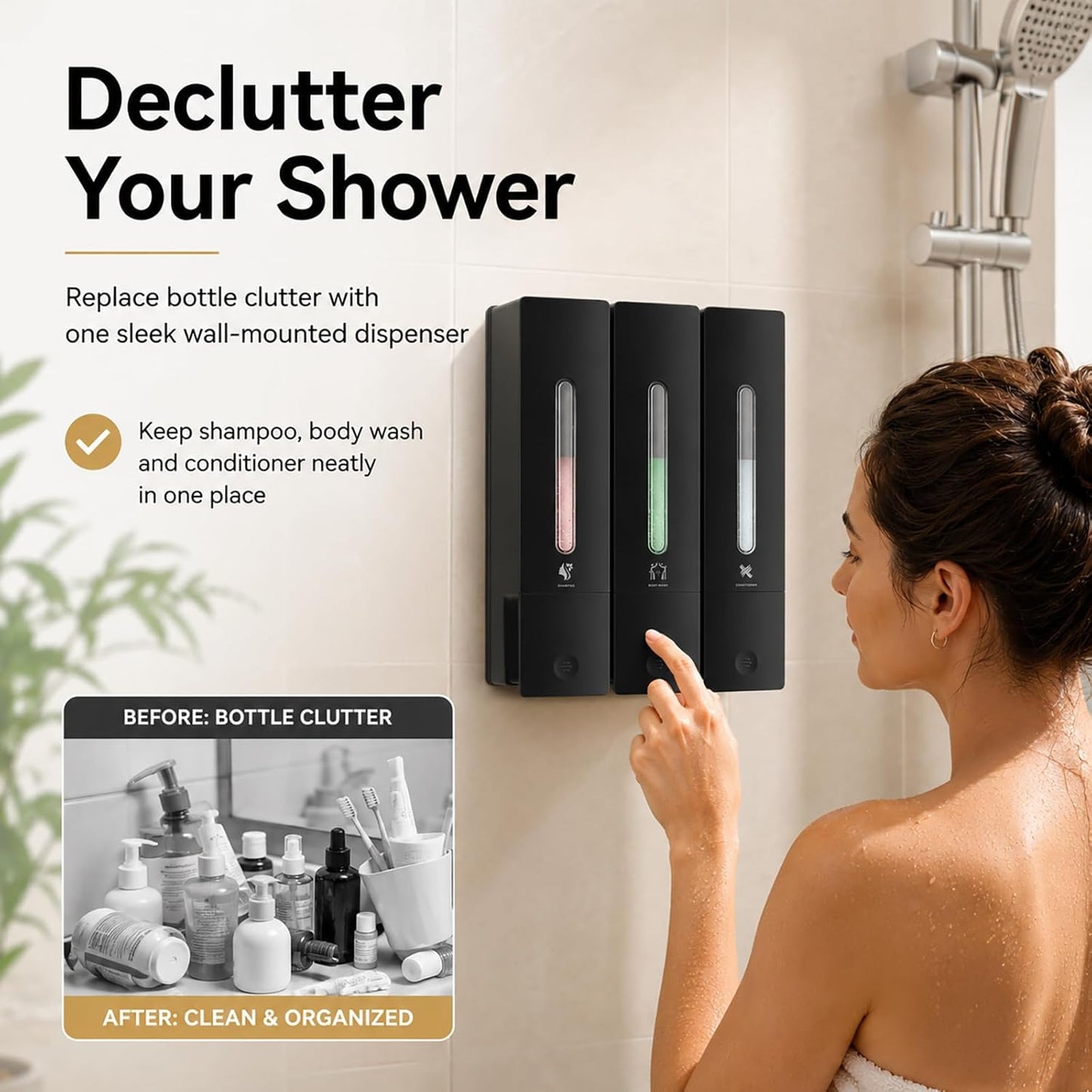 Shampoo and Conditioner Dispenser - Wall-Mounted 3-Chamber Shower Soap Dispenser, No-Drill, 1200ML Capacity, for Bathroom & Hotel