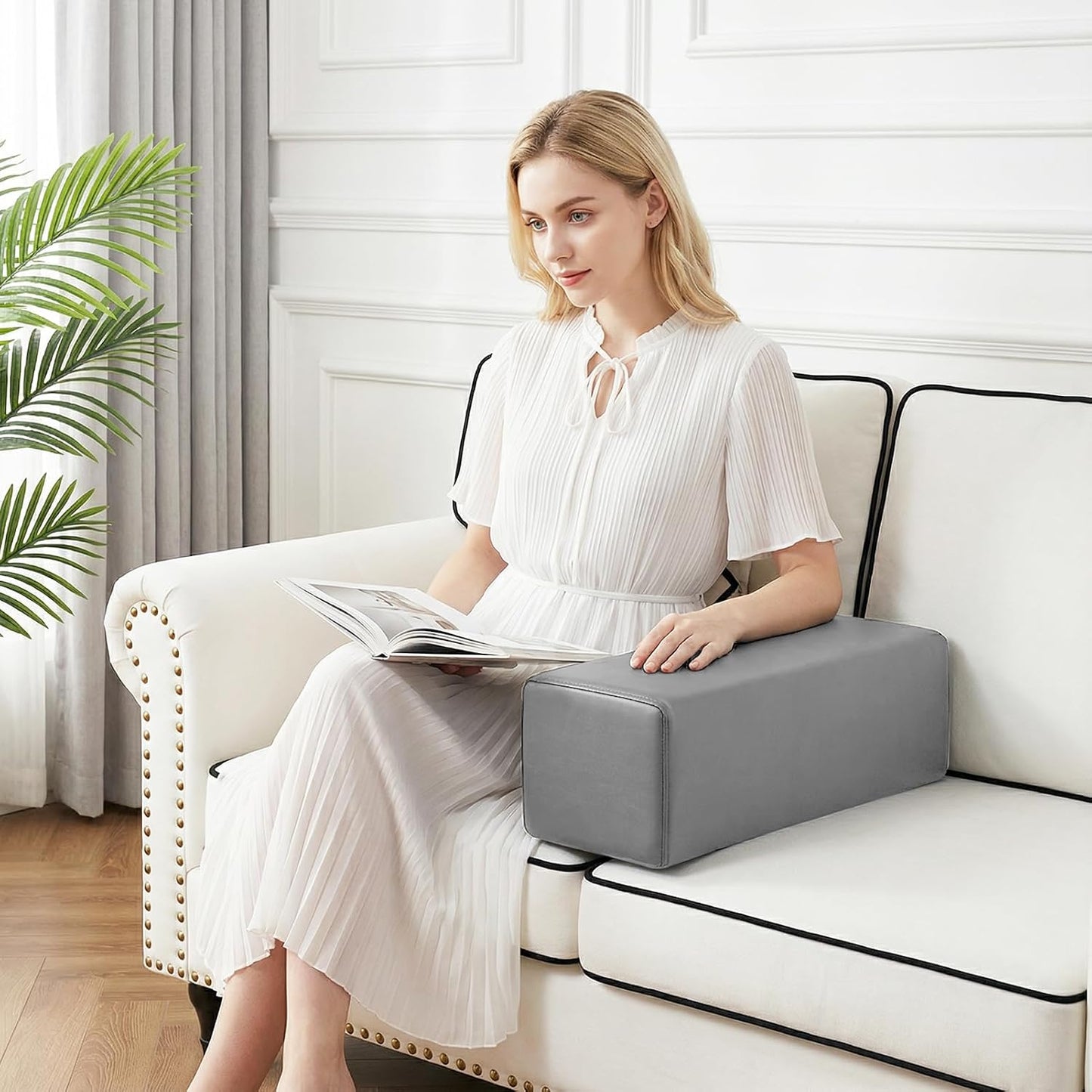 2 Pack Couch Arm Rest Pillow, 6''x6''x20'' Faux Leather Waterproof Cover, High Density Foam Armrest Cushion, Removable & Washable Elbow Support for Sofa, Bed, and Armchair (Medium Grey)