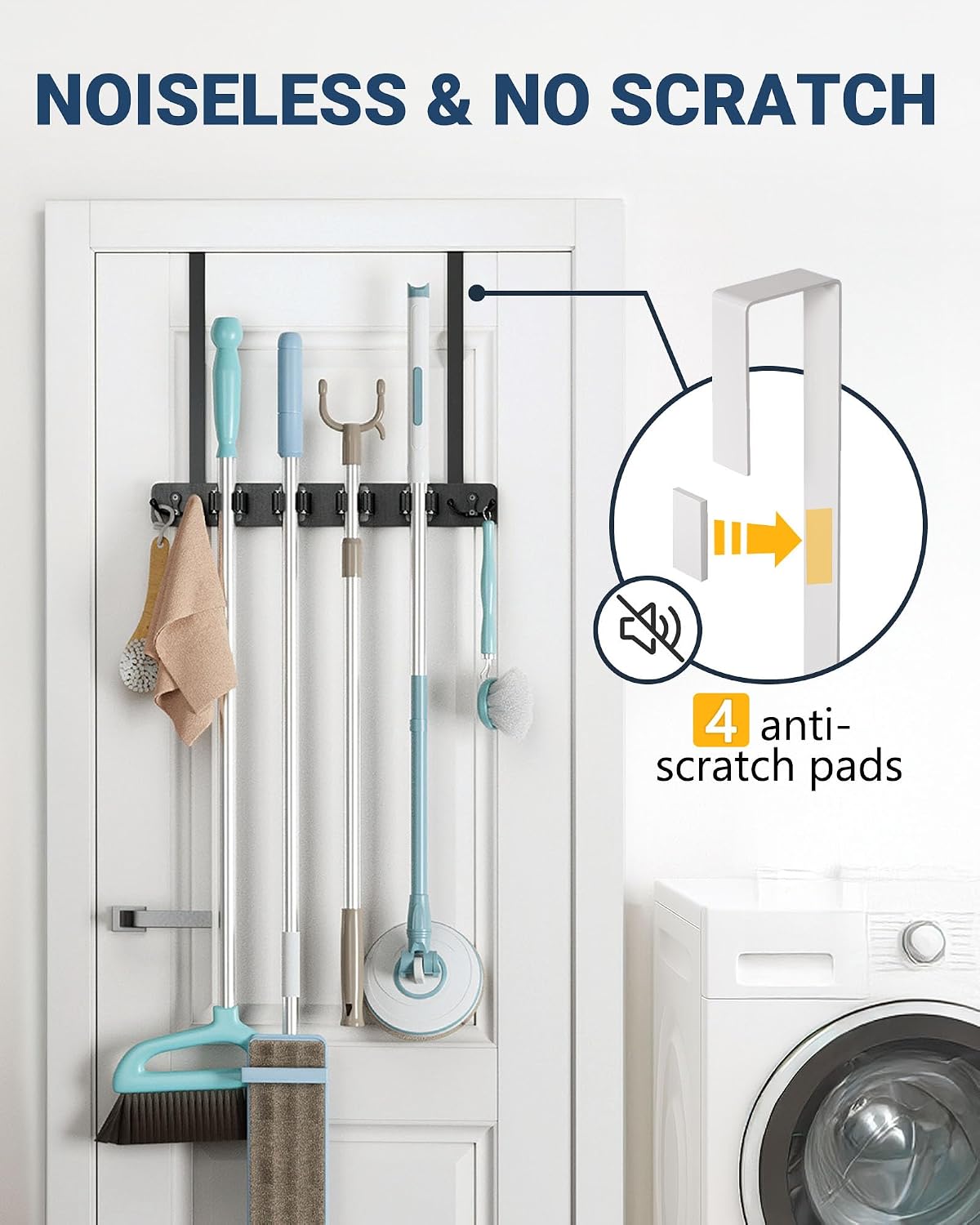 Lorbro Broom Holder Door Mount, Wood Over the Door Broom and Mop Holder | 4 Slots 4 Hooks, No Drill Setup, EVA Protection Pads, Secure Grip, Laundry Garage Closet Kitchen Use, White