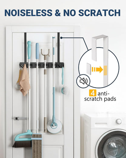 Lorbro Broom Holder Door Mount, Wood Over the Door Broom and Mop Holder | 4 Slots 4 Hooks, No Drill Setup, EVA Protection Pads, Secure Grip, Laundry Garage Closet Kitchen Use, White