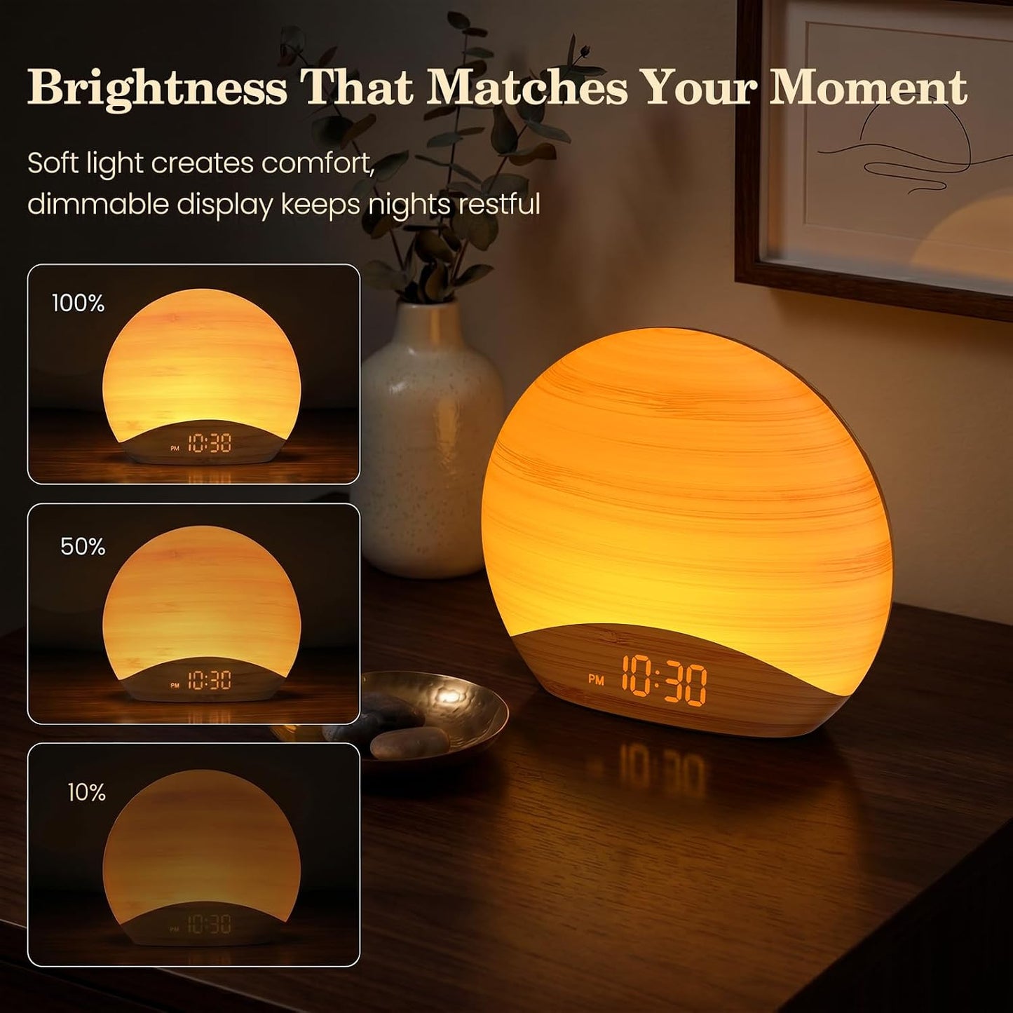 REACHER Wood Grain Sunrise Alarm Clock and Sound Machine Nightlight, Digital Dimmable Clock for Bedroom, 26 Sleep Sounds, White Noise Machine for Baby, Adults, Wake Up Light Alarm Clock for Kids | Digital Dimmable Clock for Bedroom, 26 Sleep Sounds,
