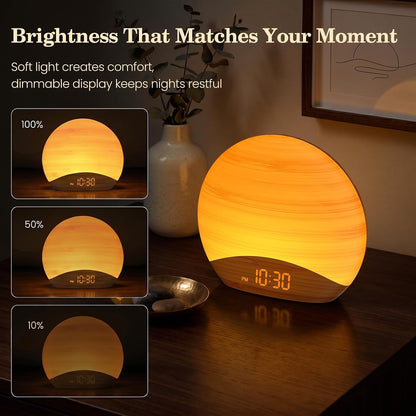 REACHER Wood Grain Sunrise Alarm Clock and Sound Machine Nightlight, Digital Dimmable Clock for Bedroom, 26 Sleep Sounds, White Noise Machine for Baby, Adults, Wake Up Light Alarm Clock for Kids | Digital Dimmable Clock for Bedroom, 26 Sleep Sounds,