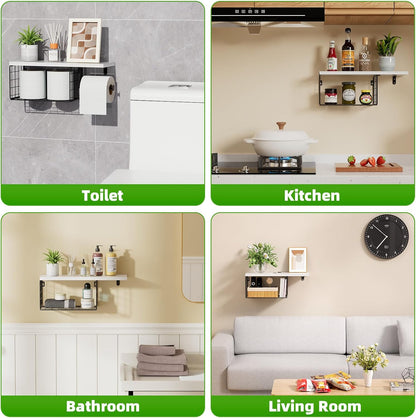 VITVITI Toilet Paper Holder with Shelf, Wall Mounted Storage Basket, Brown | Farmhouse Wall Mount Toilet Paper Holder Shelves, Wood Metal Toilet Roll Wipes Holder for Bathroom