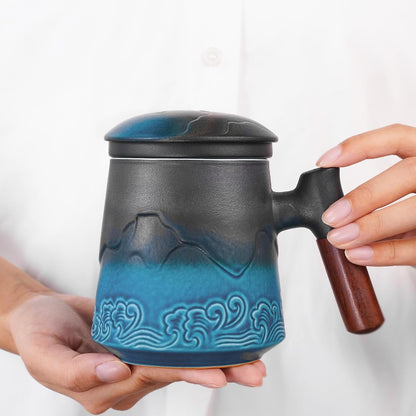 ZENS Tea Mug with Infuser and Lid for Loose Leaf Tea Steeper, 16.9oz Moss | Embossed Ceramic Tea Cup with Infuser for Herbal Tea Difussers, Tea Lovers Gifts, Nature Wood Handle