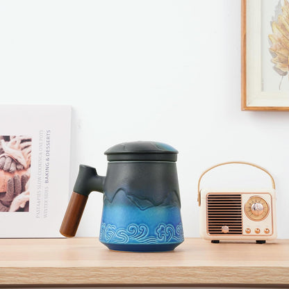 ZENS Tea Mug with Infuser and Lid for Loose Leaf Tea Steeper, 16.9oz Moss | Embossed Ceramic Tea Cup with Infuser for Herbal Tea Difussers, Tea Lovers Gifts, Nature Wood Handle