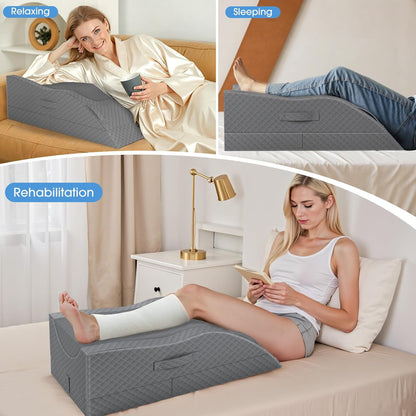TranquilRelax Leg Elevation Pillows for After Surgery, Wedge Pillow, Grey | Memory Foam, All-around Knee & Ankle Support for Swelling, Height-adjustable, Nop-Slip Bottom, Washable Cover, Single-leg