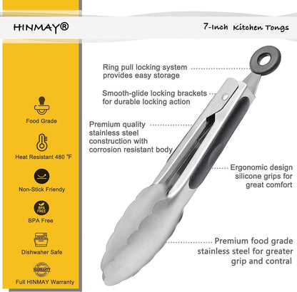 HINMAY Mini Tongs with Silicone Tips 7-Inch Serving Tongs, Set of 3 (Red Blue Green)