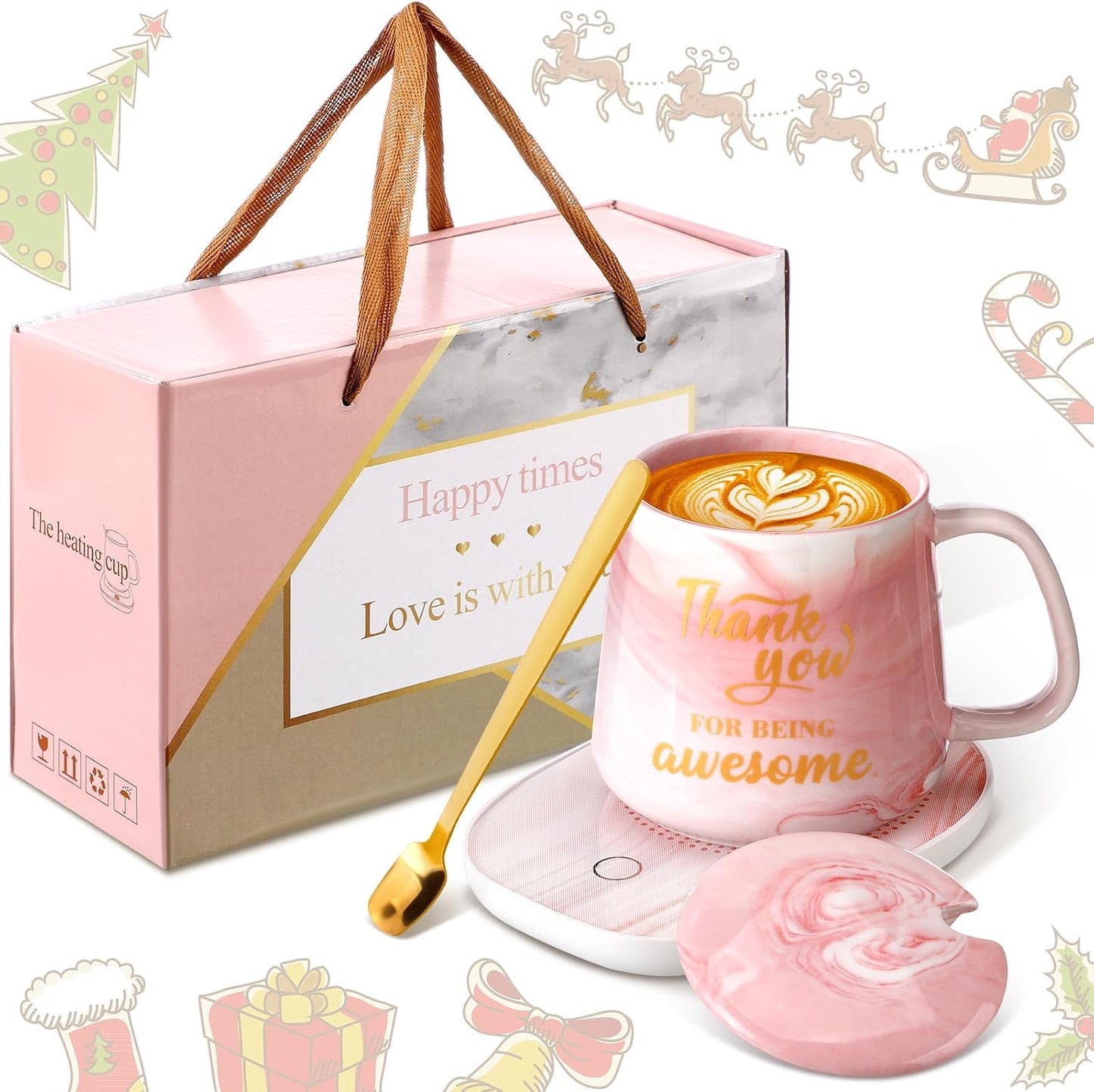 Nitial Thank You Coffee Warmer with Mug Set for Women Thank You for Being Awsome Pink Marble Mug Warming Set Employee Appreciation Gifts Birthday Gift for Coworker Volunteer Teacher