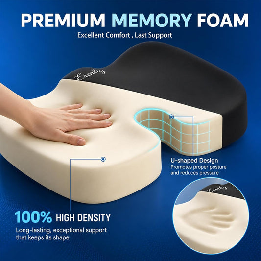 2 Pack Seat Cushion Memory Foam for Office Chairs Car, Black and Gray | Office Chair Cushion for Desk Airplane, Butt Pillow for Long Sitting Sciatica, Hip, Coccyx,Tailbone Pain Relief
