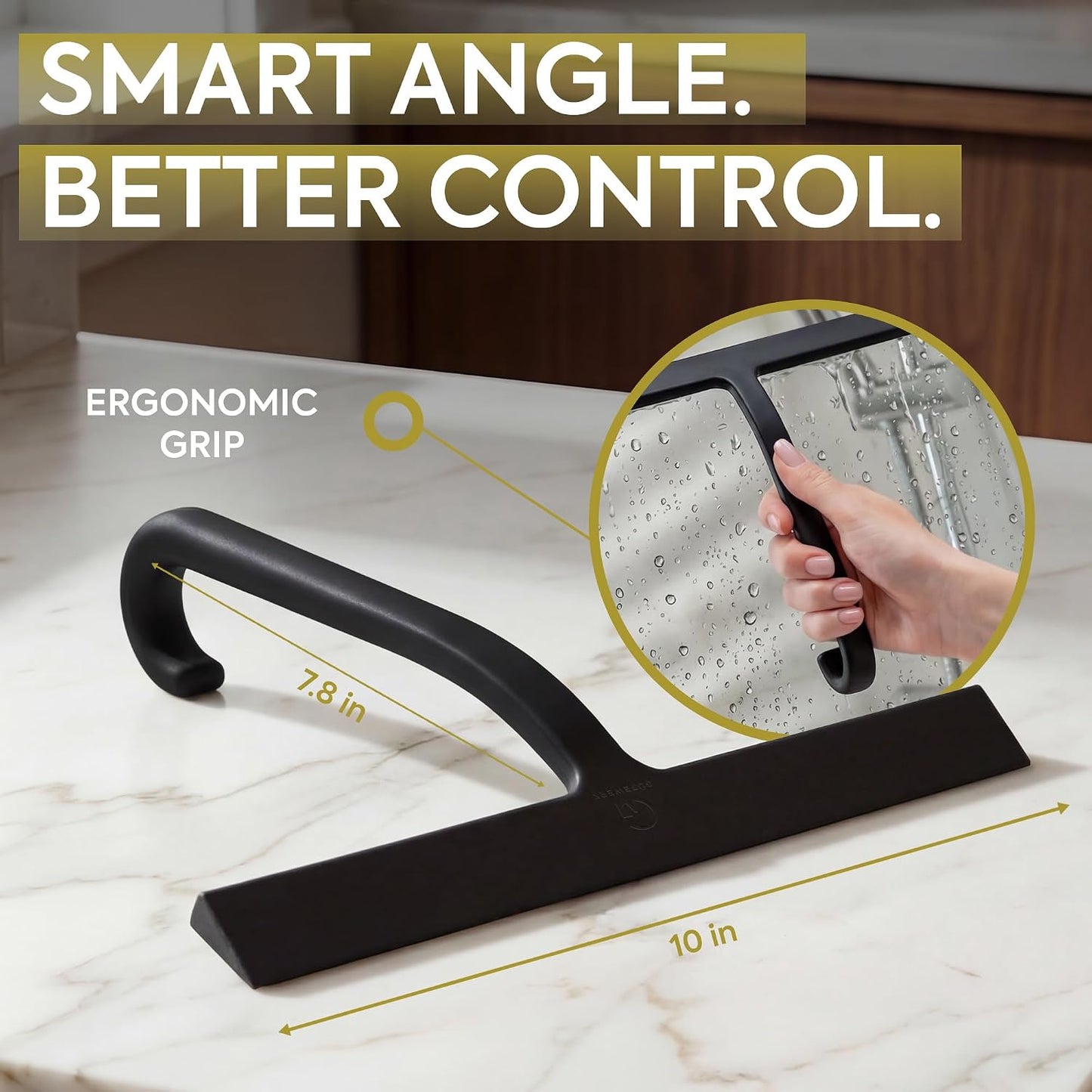 Shower Squeegee for Glass Doors, 10″ Black with No-Drill J-Hook | Hang Anywhere Without Adhesive, Seamless One-Piece Silicone, Encased Steel Core, Streak-Free Shower Squeegee for Glass & Tile
