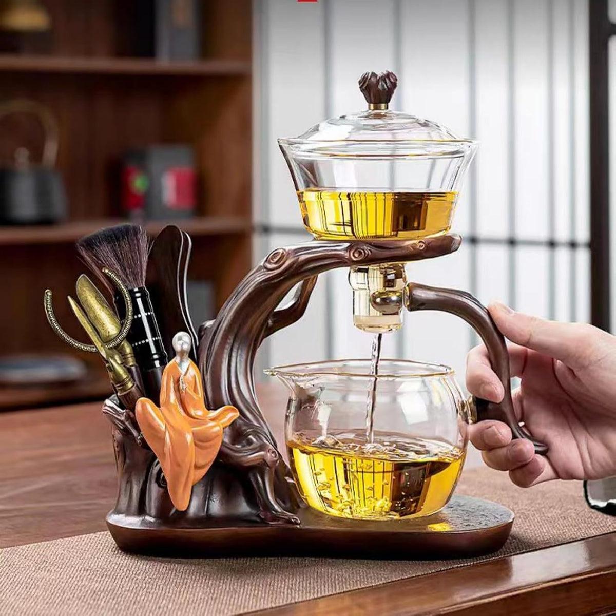 Glass Teapot with Infuser Chinese Gongfu Tea Set,6 cups,Magnetic Semi Automatic Design for Loose Leaf Tea