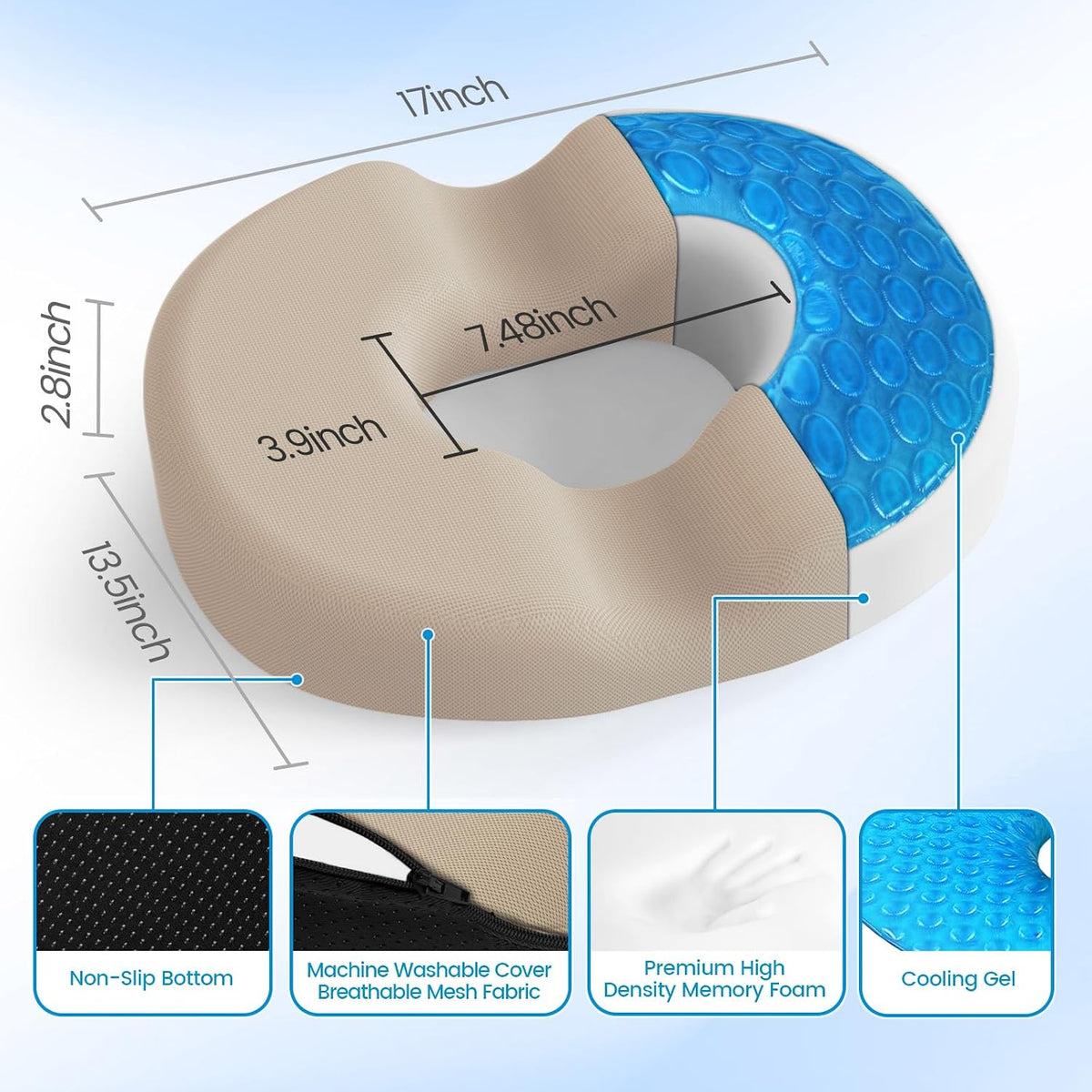 Donut Pillow Seat Cushion, Cooling Gel Memory Foam Chair Cushion, Black