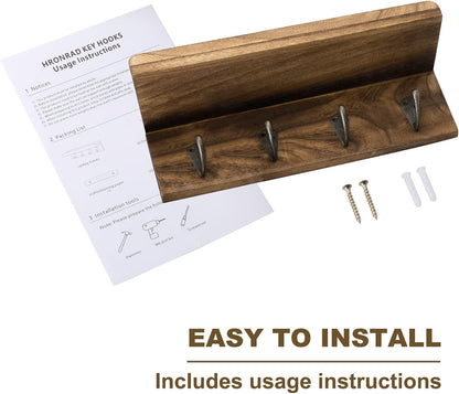 HRONRAD Rustic Key Holder for Wall, Farmhouse Wall Shelf with 4 Hooks, Wall Mounted Key Racks, Wooden Mail Organizer with Hooks for Entryway (Brown - Pine)