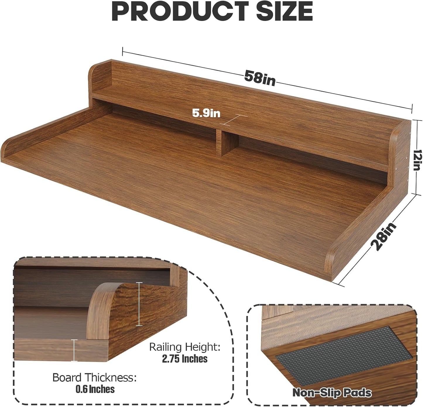 2-Tier Washer Dryer Countertop with 2.75" H Edge Rails, 54" W x 27.55" D Laundry Countertop for Folding Clothes, Washer and Dryer Topper with Non-Slip Pad (Dark Walnut)