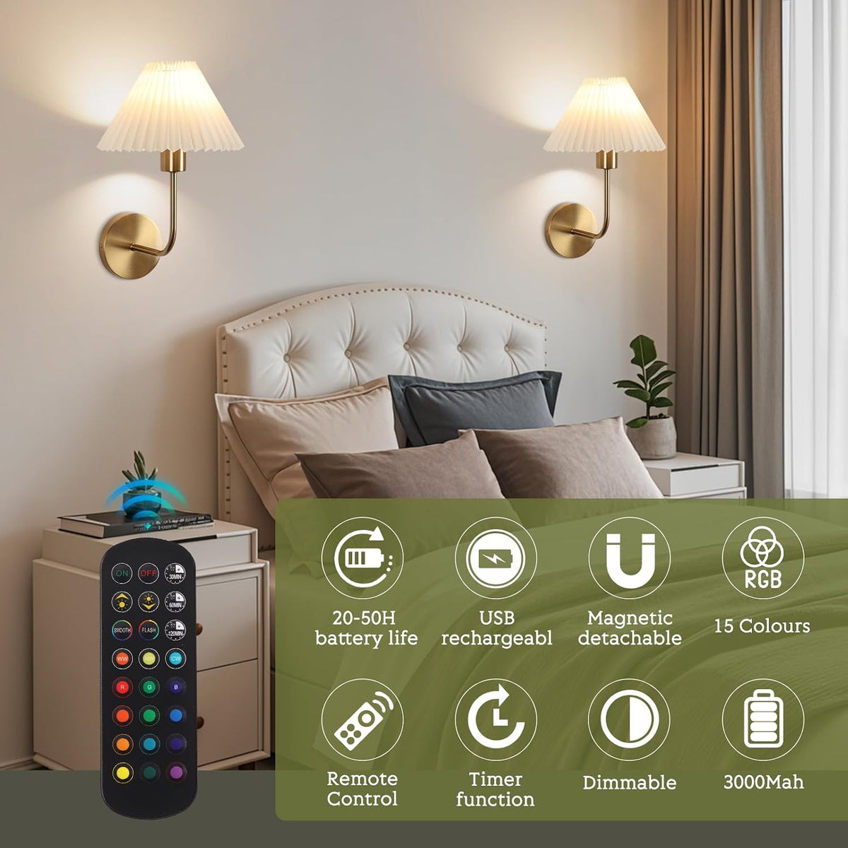 Rechargeable Battery Operated Wall Sconce Sets of 2, 15 Colors Wireless gooseneck Black Wall Lights Fixture with Dimmable Bulbs and Remote, Not Hardwired Wall Mounted Lamps for Bedroom Living Room