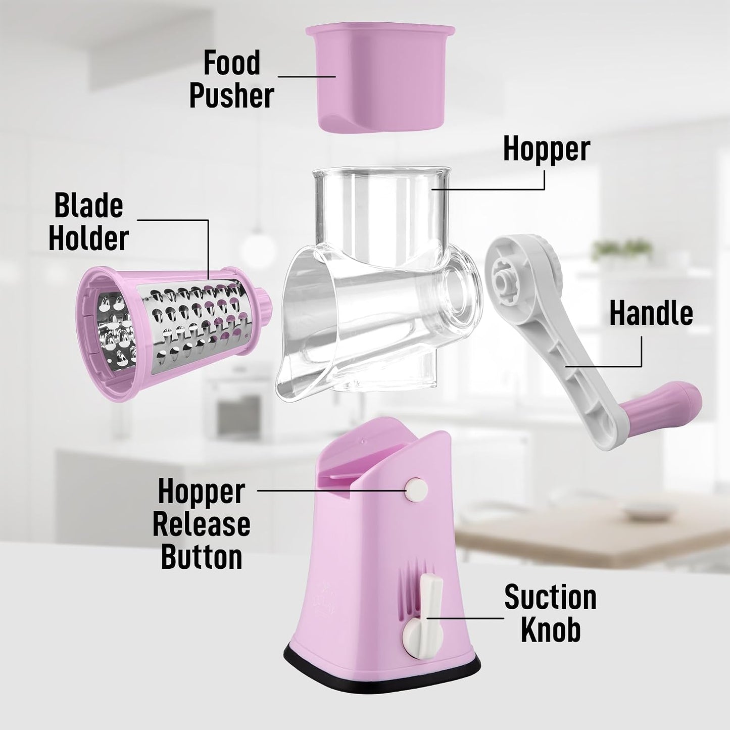 Zulay Kitchen Rotary Cheese Grater 5 Blade Cheese Shredder - Manual Hand Crank Cheese Grater With Reinforced Suction & 5 Interchangeable Drums - Easy to Use, Vegetable Chopper Round Mandoline Slicer - Colors A