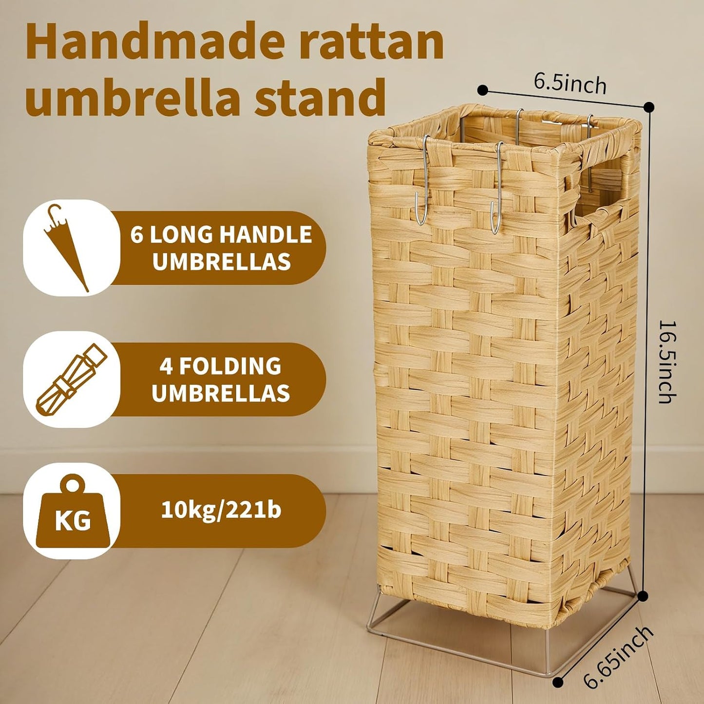 Rattan Umbrella Holder Basket Stand for Entryway | Handwoven, Indoor Umbrella Storage with Waterproof Base, Durable Metal Hooks & Removable Drip Tray