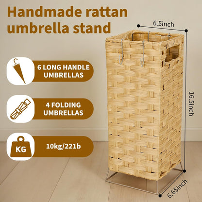 Rattan Umbrella Holder Basket Stand for Entryway | Handwoven, Indoor Umbrella Storage with Waterproof Base, Durable Metal Hooks & Removable Drip Tray