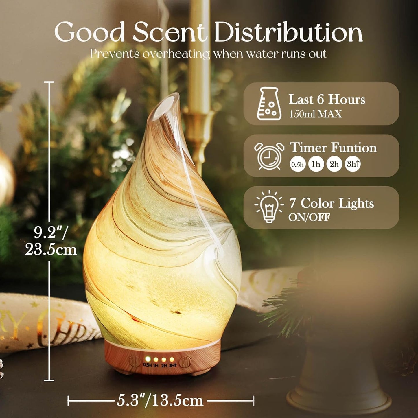 Porseme Oil Diffuser 3D Glass Aromatherapy Ultrasonic Humidifier, Air Refresh Auto Shut-Off, Timer Setting, BPA Free for Home Hotel Yoga Leisure SPA Gift 150ml Last 6H - Colors A