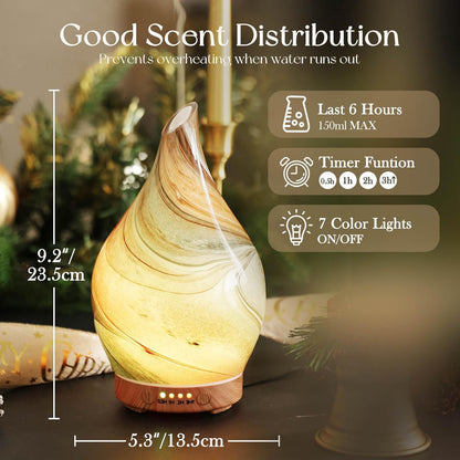 Porseme Oil Diffuser 3D Glass Aromatherapy Ultrasonic Humidifier, Air Refresh Auto Shut-Off, Timer Setting, BPA Free for Home Hotel Yoga Leisure SPA Gift 150ml Last 6H - Colors A