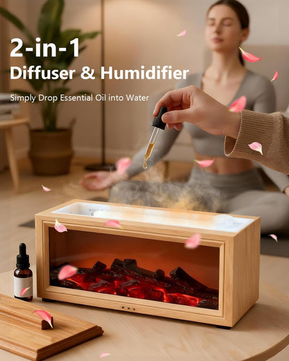 Essential Oil Diffuser, 7-Color Fireplace Fire Flame Aromatherapy Humidifier, 280ml Ultrasonic Aroma Diffuser, Cozy with Time Sets and Remote Control for Bedroom Home Yoga Office