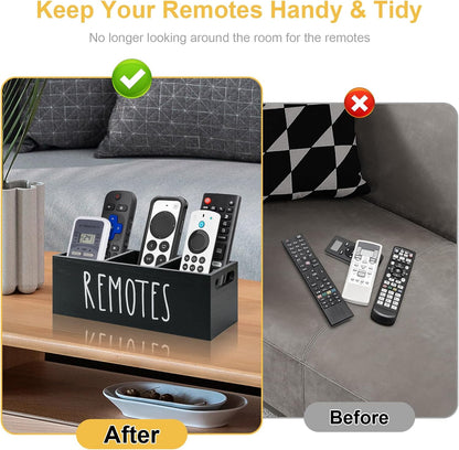 360° Rotating Remote Control Holder, Wooden TV Remote Holder for Table, Desk Organizer Caddy Media Storage Box for Living Room,Nightstand,Couch (Black)