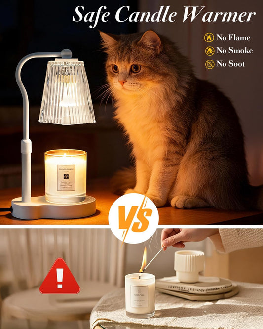 Candle Warmer Lamp with Timer & Dimmable Settings, Adjustable Height Flameless Scented Wax Melter for Jar Candles, Elegant Home Decor Warmer Lamp with 2 Bulbs, Gift for Women Mom Friend Family, White