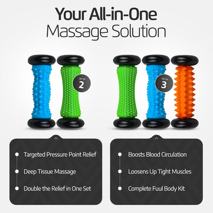 Logest Foot Massage Roller - for Trigger Point Therapy, Injury Rehabilitation & Deep Tissue Massage - Prevent Stiffness & Improve Strength - Silicon with Nodules (Blue - Green 2 Pack)