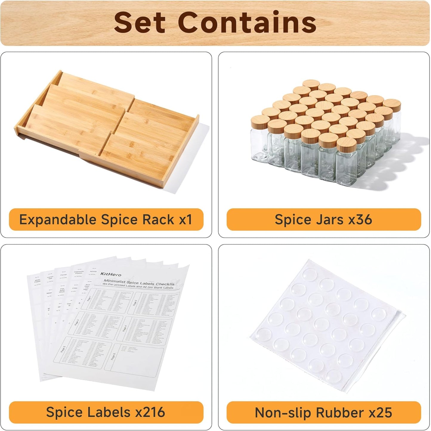 3-Tier Expandable Bamboo Spice Drawer Organizer, Adjustable Width 12" to 21", Kitchen Storage with 36 Glass Jars & Bamboo Lids, 216 Labels, Non-Slip Design for Cabinet & Countertop