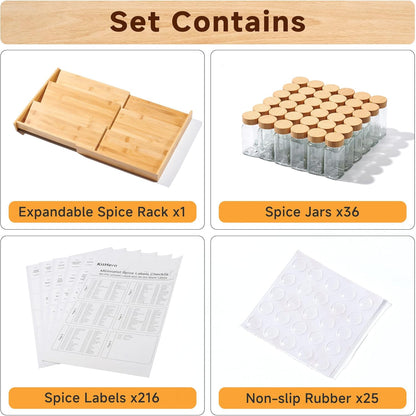 3-Tier Expandable Bamboo Spice Drawer Organizer, Adjustable Width 12" to 21", Kitchen Storage with 36 Glass Jars & Bamboo Lids, 216 Labels, Non-Slip Design for Cabinet & Countertop