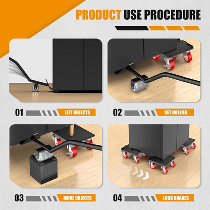 LOYAL TIGER 1500LBS Heavy Duty Furniture Dolly & Movers Set (5.4 Inch, Red) | 5-Wheel Carbon Steel Rollers with Locking Casters & Lifter. Moving Kit for Refrigerator, Washer, Sofa & Cabinet.