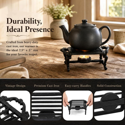 Cast Iron Teapot Warmer | Heavy-duty Teapot Heater with Tealight Holder, Handle, Kettle Stand Coffee Cup Base for Heating Milk, Food, Tea, Soup