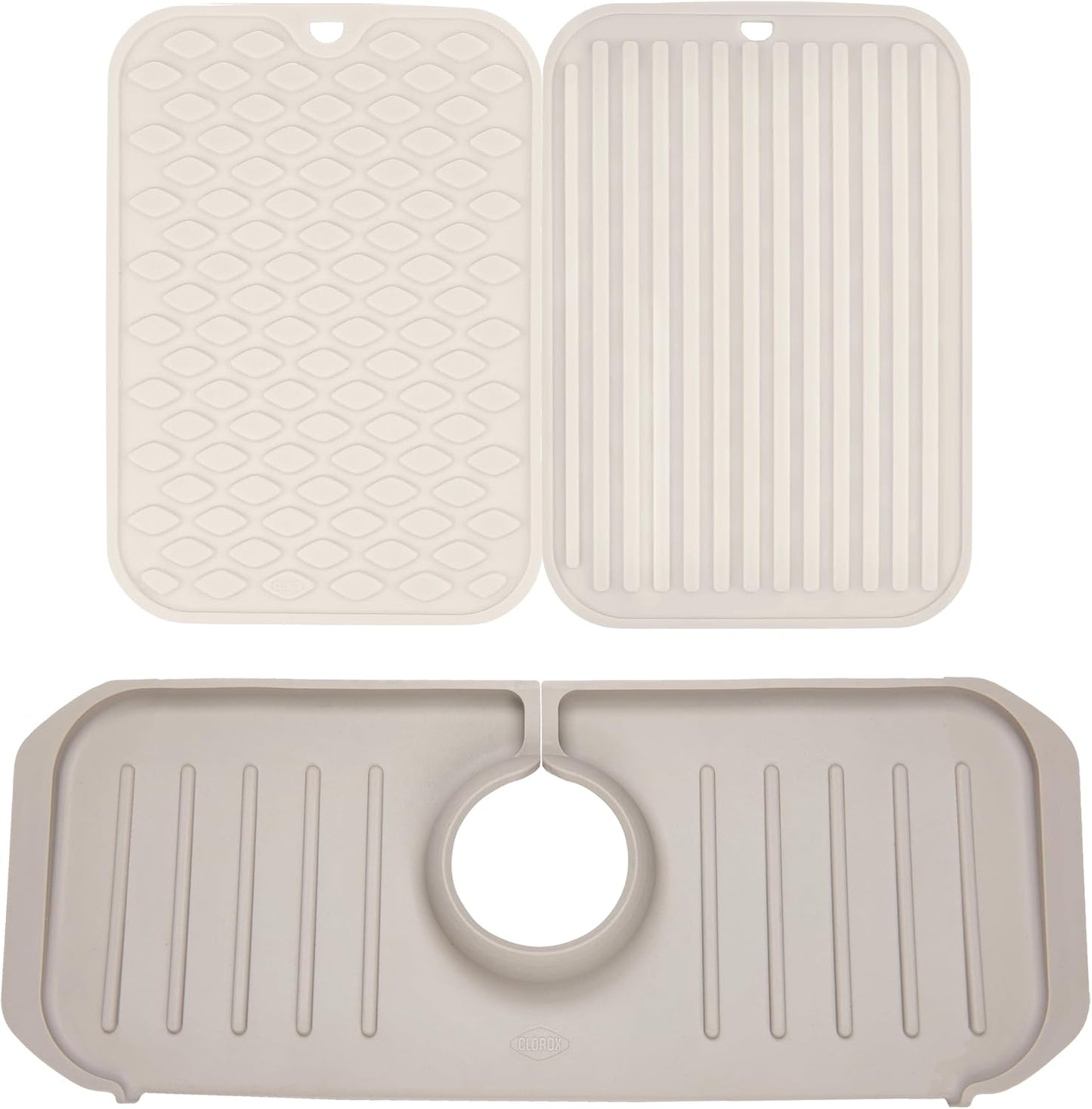 Clorox KeptClean™ 3-Piece Kitchen Sink Set with Two Interlocking Non-Slip Dish Drying Mats and Self-Draining Faucet Guard Splash Protector for Sink Areas, Almond Cream