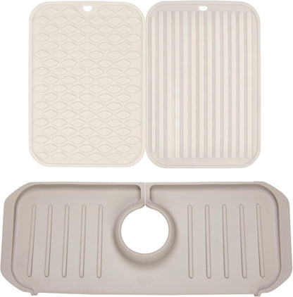 Clorox KeptClean™ 3-Piece Kitchen Sink Set with Two Interlocking Non-Slip Dish Drying Mats and Self-Draining Faucet Guard Splash Protector for Sink Areas, Almond Cream