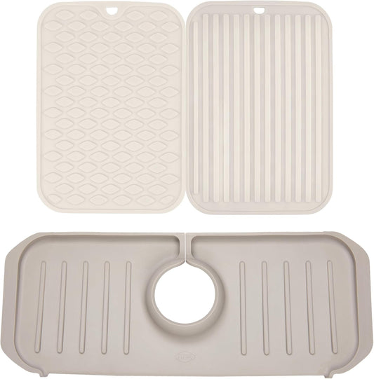 Clorox KeptClean™ 3-Piece Kitchen Sink Set with Two Interlocking Non-Slip Dish Drying Mats and Self-Draining Faucet Guard Splash Protector for Sink Areas, Almond Cream