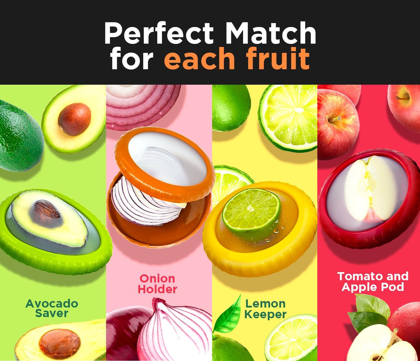 Avocado Saver & Onion Storage – Set of 4 BPA-Free Food Containers with Silicone Lids – Reusable Fruit and Veggie Savers, Fresh Pods for Food – Perfect for Tomato Holder, Garlic, Lemon & More | BPA-Free Reusable Fruit & Vegetable Savers with Flexible